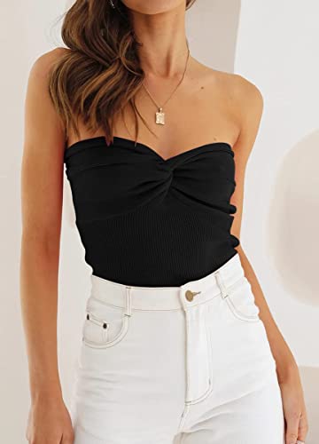 EFAN Suéter de Verano para Mujer, con Nudo Frontal, Bandeau, sin Tirantes, Acanalado, sin Mangas, corsé Y2K, Negro -, S