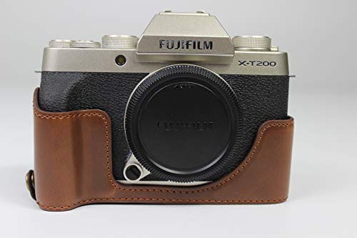 X-T200 Case, BolinUS Handmade PU Leather Half Camera Case Bag Cover Bottom Opening Version for Fujifilm Fuji X-T200 XT200 with Hand Strap (Coffee)