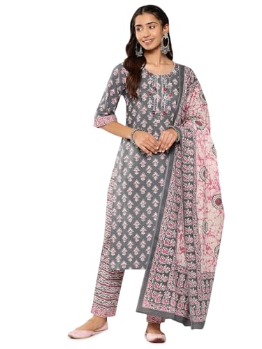 Image of Libas Yellow Yoke Design Cotton Straight Kurta with Trousers & Dupatta