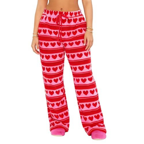 Image of Valentine's Day Flannel Pants Women's Romantic Heart Print Elastic Drawstring Waistband Wide Leg Loose Fit Trousers