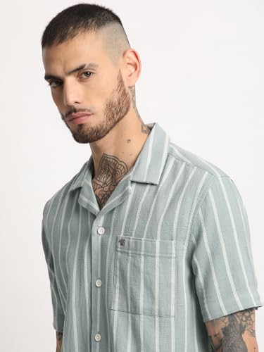 Image of Men's Green Striped Regular Fit Casual Shirt