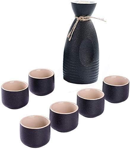 IUokLU Juego De 7 Copas De Vino De Cerámica Esmaltada Negra Japonesas con Textura Pintoresca para Sake Frío/Tibio/Caliente/Shochu/Té