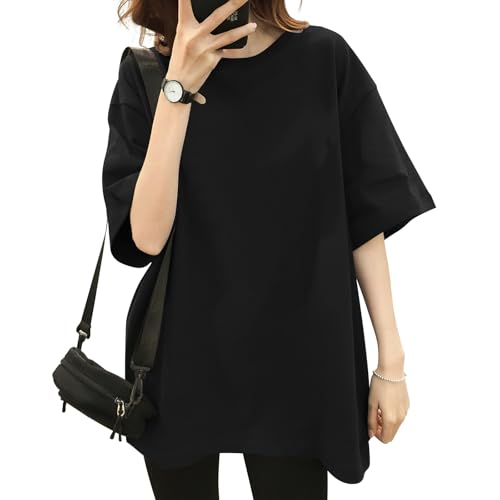 [SLEEPSINERO] 【骨格ストレートの着痩せ！】 tシャツ レディース 半袖 ゆったり 体型カバー ティーシャツ 夏服 大きいサイズ 吸汗速乾 クルーネック 通気 防臭 蒸れない レディーストップス 夏 カットソー ロング 5分袖 おしゃれ (XL,ブラック)のサムネイル