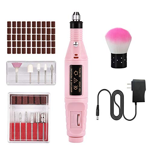 Portable Electric Nail File Set, USB Electric Nail Drill Manicure Kit, with 11 Changeable Drills and 50 Sanding Bands for Exfoliating, Grinding, Polishing, Nail Removing, Acrylic (1 set, Pink)