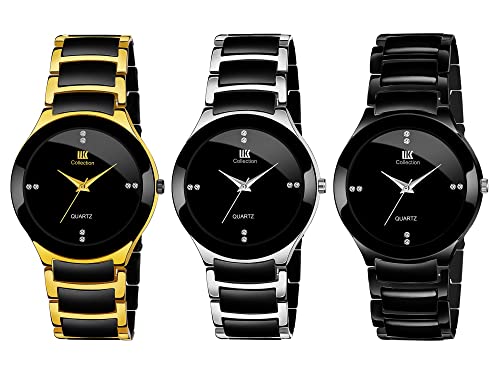 IIK COLLECTION Watches for Men Round Stone Studded Formal Dial |Analogue Quartz Movement Mens Watch |Long Battery Life| Adjustable Bracelet Chain Strap |Double Push Safety Clasp Watches for Boys.