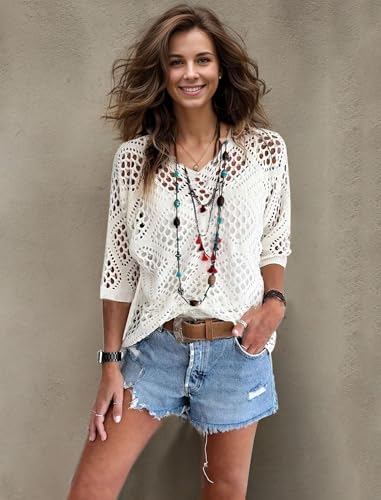 Image of NASKY Womens Crochet Top Summer Fashion 2026 - Sexy 3 /4 Batwing Sleeve Knit Sweater