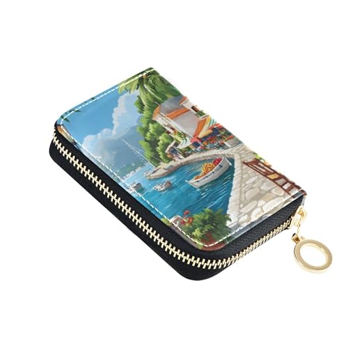 Small Women's Wallets RFID Blocking Credit Card Holders Zip Around Zipper Wallet with Coin Pocket Beautiful Bay Town Scene