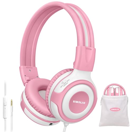 SIMOLIO Wired Headphones for Kids with Mic & Share Port, 75dB/85dB/94dB Volume Limit Children Headphone with Portable Bag for School/Travel, Stereo Sound, Tangle-Free Cord (Pink&White)