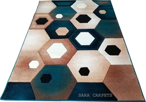 Image of Soft Thick Geometric Acrylic Washable Anti Skid Carpet. for Living Room Bedroom. Hall Size 7 x 10 feet (150X210 Cm) Blue D4