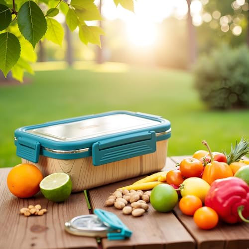 Image of Premium Stainless Steel Lunch Box, 1000ml + 200ml, Leakage Proof /Airtight Containers Large Lunch /Tiffin Box for Office, School Use, Bento Lunch Box for Men /Women, 4 Side Clip Lock Lid - Blue