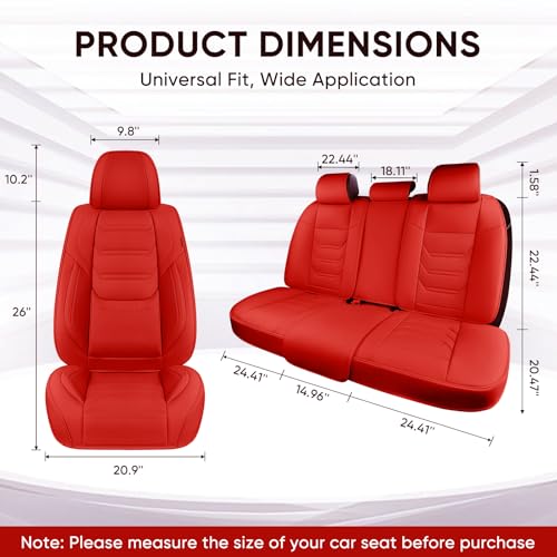 Image of TIEHESYT Leather Car Seat Covers Full Set with Lumbar Support, Waterproof Car Seat Cover, Universal Seat Covers for Cars, Trucks, SUVs, Sedans, Airbag Compatible, Front Pair and Rear, Red