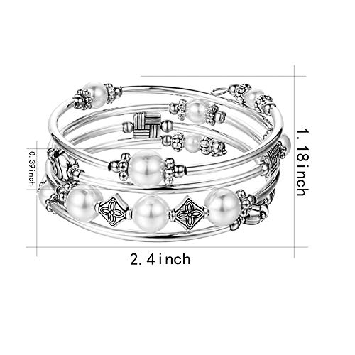 Beaded Pearl Bangle Wrap Bracelet - Fashion Bohemian Jewelry Multilayer Charm Bracelet With Thick Silver Metal Beads, Gift For Women And Girls (White) #TOP2
