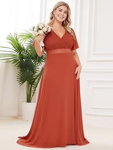 Ever-Pretty Plus Women's V Neck Mother of The Bride Dress Chiffon A Line Maxi Plus Size Evening Dress with Sleeves 09890-DAPH4