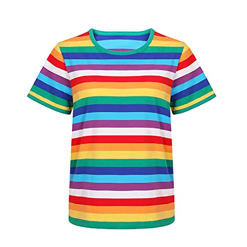 NUWIND Damen Regenbogen T-Shirt gestreift Rundhalsausschnitt Kurzarm Streifen Tee Tops Stranger Kostüm, Regenbogenfarben, Large