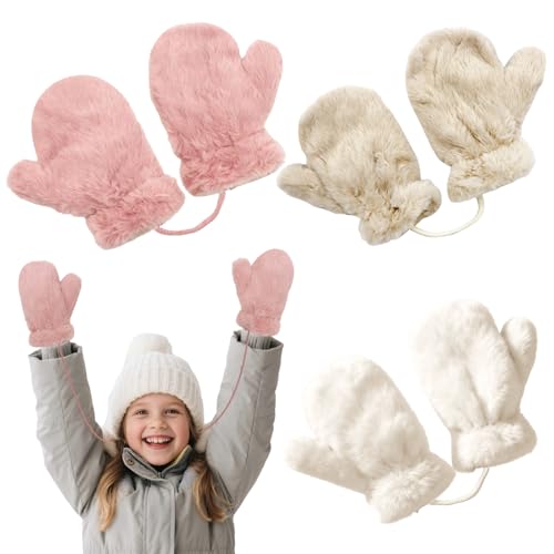 KASURE 3 Paires Moufles Enfant Hiver, Gants d'Enfant,Gants d'Enfants,Mitaines Chaudes et Douces avec Corde, pour Filles et Garçons, children's winter gloves，Cadeau de...