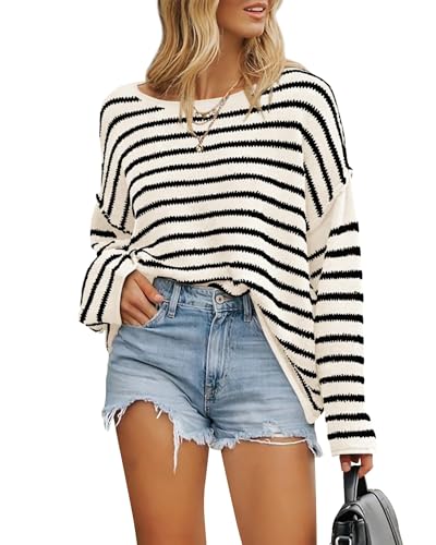 BTFBM Women's Striped Knit Sweaters 2025 Spring Fall Boat Neck Off Shoulder Long Sleeve Oversized Casual Pullover Tops