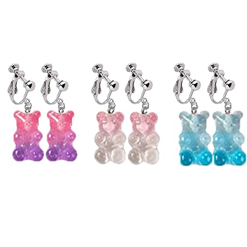 3 Pares Aretes Clip Oso de Goma Colores Cartoon
