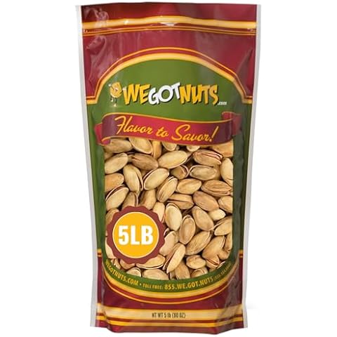 Turkish Antep Pistachios 5 Pounds (80oz) - Premium Quality Kosher Roasted Pistachios By We Got Nuts - Natural & Healthy Rich Flavor Snack - Whole, & Salted – Air-Tight Resealable Bag Package Cover