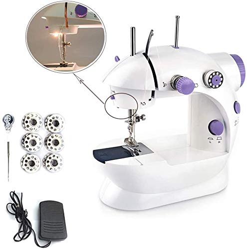 3T6B Mini Máquina de Coser, Ajustable de 2 Velocidades de Doble Hilo Portátil Eléctrico para el Hogar Multifunción con Luces y Pedal de Corte con trípode de pedal