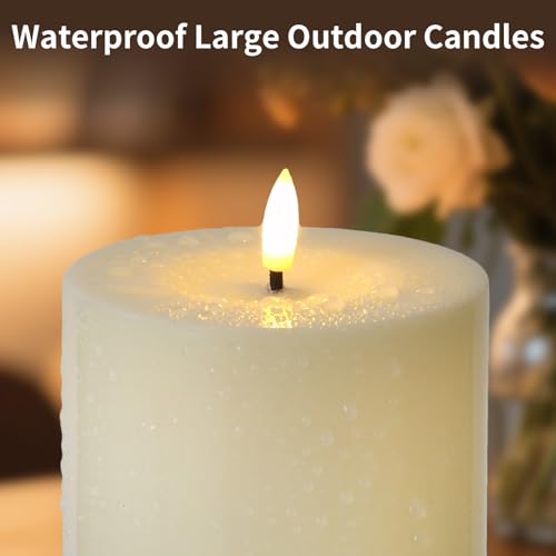Image of 14 inch x 4 inch Large Outdoor Candles Battery Operated, Waterproof Flameless Candles Flickering with Timer Remote Control, Fake LED Pillar Candle for Patio Porch Lantern, Ivory, 2 Pack