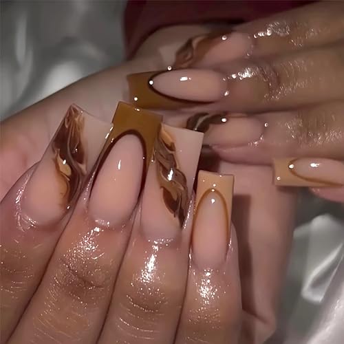 BABALAL Brown Press on Nails Long Square Fake Nails Ombre Glue on Nails French Tip Fall Acrylic Nails 24Pcs Squoval Glossy Stick on Nails Manicure Full Cover Nails