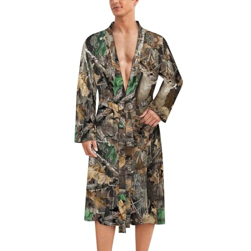 Deer Camouflage Hunting Mens Summer Robes Lightweight Bathrobe Bath Robe Knee Length Shawl Collar Loungewear