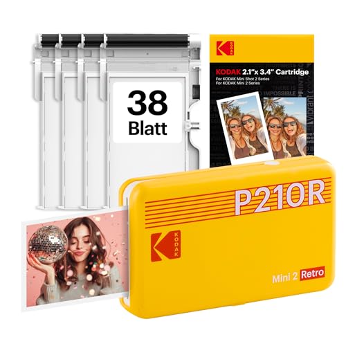 KODAK Mini 2 Retro 5,3 x 8,6 cm tragbarer Fotodrucker, 38 Blatt, Bluetooth-Smartphone-Drucker für iPhone und Android, sofortige Farbdrucke, 4-Pass-Farbsublimation