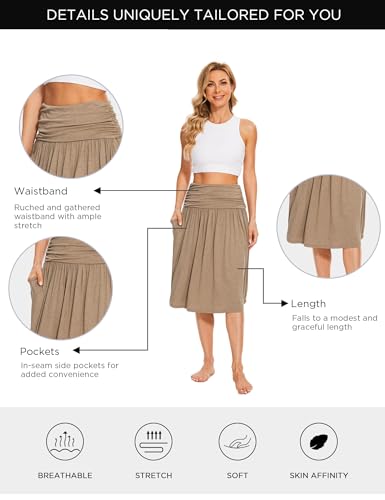 GYS Bamboo Viscose Skirts for Women Knee Length Flowy Ruched High Waist Knit A-Line Casual Summer Skirt with Pockets4