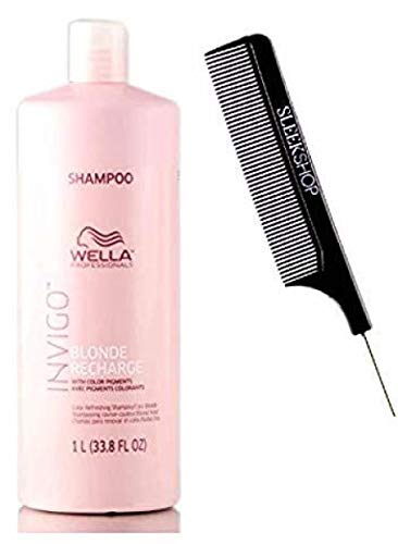Wella Invigo BLONDE RECHARGE Shampoo with Color Pigments for COOL BLONDE (with Sleek Steel Pin Tail Comb) (1000 milliliter / 33.8 ounce XXL LITER Size PRO)
