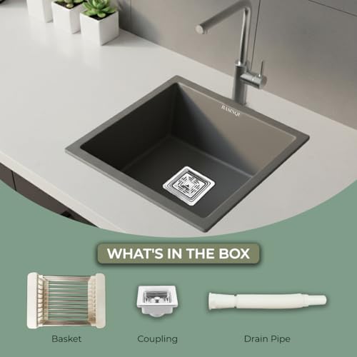 Image of BASINQU Quartz Sink for Kitchen | 18x16x9 Inches Grey Single Bowl Kitchen Sink | Granite UV Protected, Granite Scratch Resistant, Undermount /Topmount