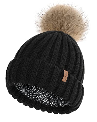 FURTALK Bonnet pour enfant Bobble d'hiver en tricot avec doublure en satin pour cheveux en fausse fourrure - Unisexe - Fille et garçon, Noir , 2-8 ans Cover