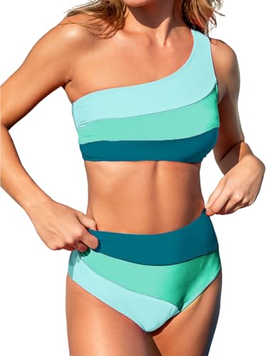 Bikini deux pièces pour femme asymétrique style bloc de couleur bicolore