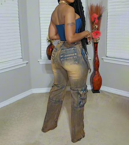 Famnbro Women's Cargo Jeans Side Zipper Y2k High Waist Straight Leg Denim Jeans Pants with Pockets4