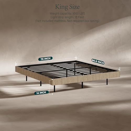 Image of Evermagin Oak King Floating Bed Frame with led Lights, Fluted 14In High Platform Bed No Headboard, Heavy Duty Mid Century Modern Float Metal Bedframe, No Box Spring Needed (Oak, King-14in high)