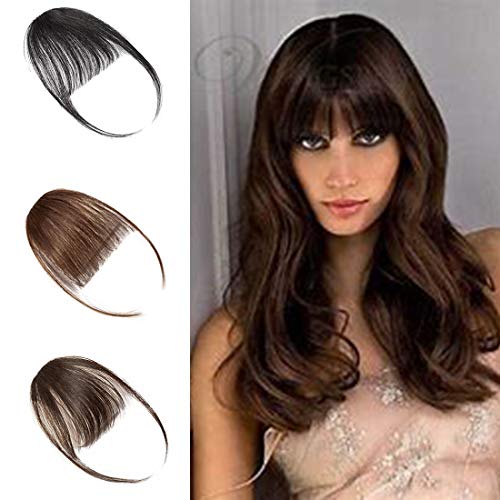 Clip in on Air Bangs One Piece Fringe 100% Remy Human Hair Extensions Hairpiece Full Front Neat Air Fringe Hand Tied Straight Flat Bangs with Temples for Women 3g(0.1 oz) Dark Brown