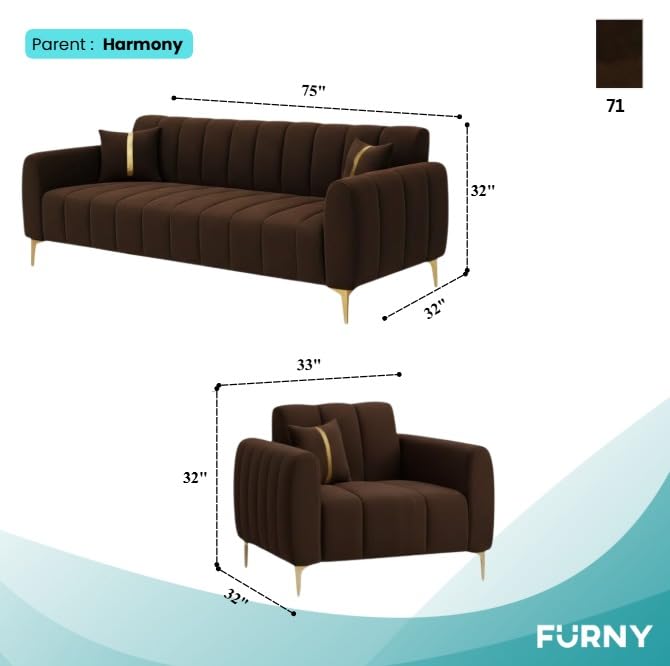 Image of FURNY Harmony 5 Seater Velvet Fabric 3+1+1 Sofa Set (Dark Brown) with Golden Finish Legs | Durable Comfort | Ideal for Living Room, Offices