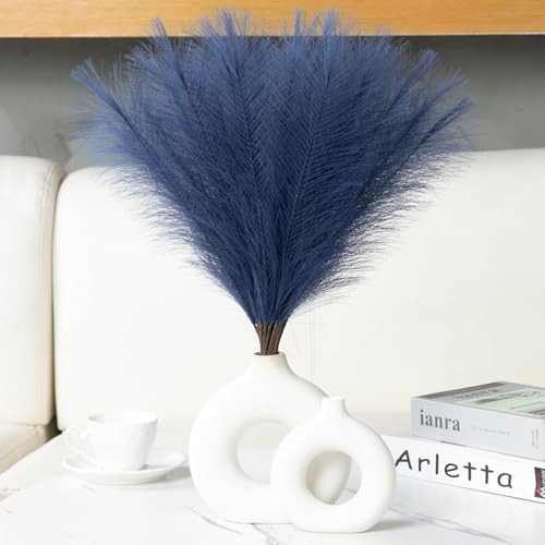 Ureymx Faux Pampas Grass Decor 17.7 Inch 30pcs Artificial Pompas Grass Bulk Artificial Dried Flower Small Vase Filler for Boho Home Wedding Decoration (Blue)