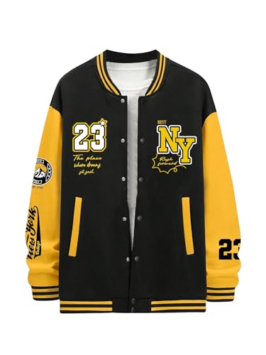 SOLY HUX Men's Graphic Varsity Jacket Color Block Letter Print