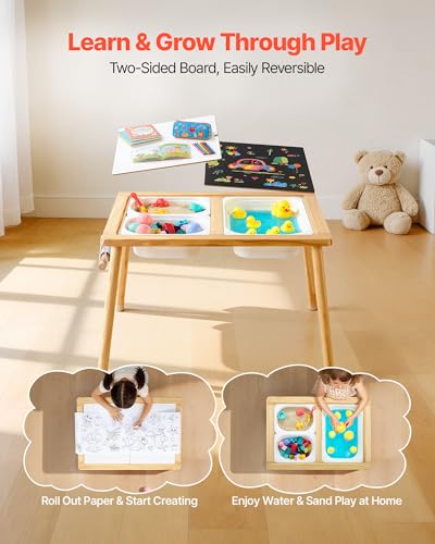 Image of VEVOR Sensory Table for Toddlers, Wooden Kids Activity Table with 2 Stools, Double-Sided Board, Storage Bins, and Non-Slip Feet, for Boys and Girls Playing Sand and Water, Drawing, Studying, Dining