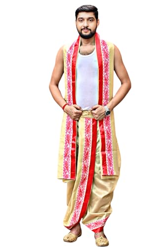 Image of Men's Ethnic | Traditional Ready to wear (Pant System) Readymade Panchakacham Dhoti With Angavastram(Towel) Set, Tassar Silk, Free Size (GC002)