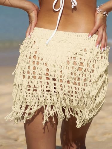 Verdusa Women's Fringe Trim Hollow Out Crochet Short Skirt Cover Up2