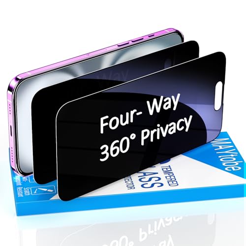 MAYtobe 2 Unidades Protector de Pantalla 360 Grados Privacidad para iPhone 16 Cristal Vidrio Templado, 4 lados Anti Espía, Antihuellas, Antiarañazos, Dureza 9H