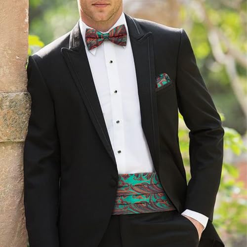 Image of Barry.Wang Men Silk Paisley Cummerbund and Pre-tied Bowtie Handkerchief Cufflink Set for Tuxedo