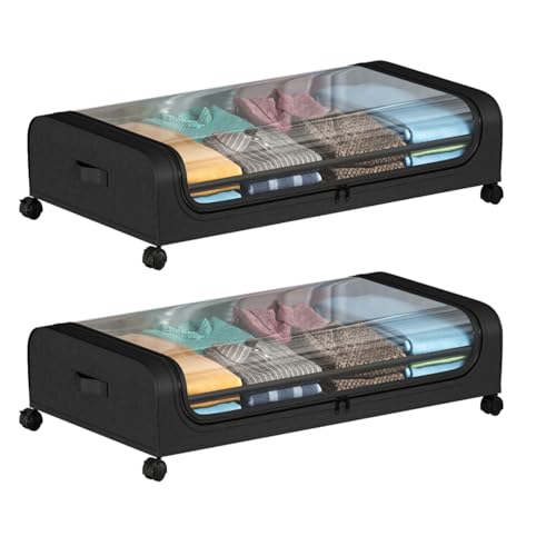Boic 2個セット ベッド下収納ボ ックス 収納ボックス キャス 大容量収納 80*13*44cm ター付き ソファー下収納ケース ベッド下物入れ 収納ボックス 衣類収納 取っ手付きジッパー付き 整理箱, ブラック