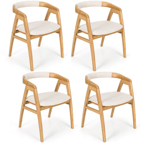 Image of COSTWAY Bamboo Accent Chairs Set of 4 with Wide Curved Backrest and Arms | Natural, Farmhouse Leisure Dining Chairs w /Comfy Cushion, Solid Legs, Upholstered Armchair for Living Room, Bedroom, Kitchen