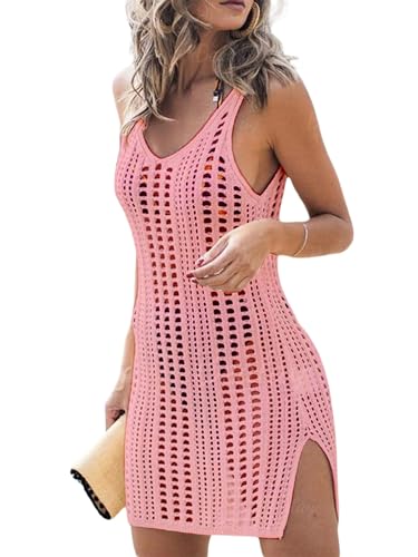 Qianderer Vestido de playa de ganchillo para mujer, traje de baño para bikini, traje de baño hueco, ropa de playa, Bd Rosa, M