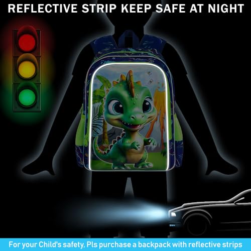 Image of 3Pcs Dinosaur Backpack for Boys, 16 inch Bookbag with Lunch Box, Kids School Backpacks Set for Elementary Preschool Kindergarten (Green)