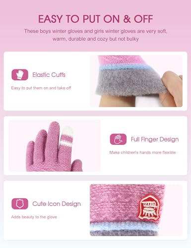 ORVINNER Kids Winter Gloves for Boys Girls, 3 Pairs Children Warm Wool Lined Gloves Toddler Thermal Knitted Mittens 4-12 Years, Pink/Light-blue/Purple (Crown Style) - Thumbnail 4