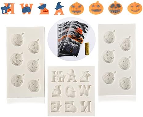 3PCS Halloween Silicone Molds, Halloween Chocolate Candy Mold, Silicone Fondant Molds for DIY Chocolate, Cake, Pudding, Ice Cream, Epoxy Resin Mould (Pumpkin,Alphabet Molds with 60 Candy Bags)