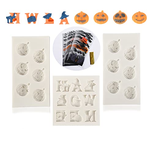 3Pcs Halloween Silicone Molds, Halloween Chocolate Candy Mold, Silicone Fondant Molds For Diy Chocolate, Cake, Pudding, Ice Cream, Epoxy Resin Mould (Pumpkin,Alphabet Molds With 60 Candy Bags) #TOP5